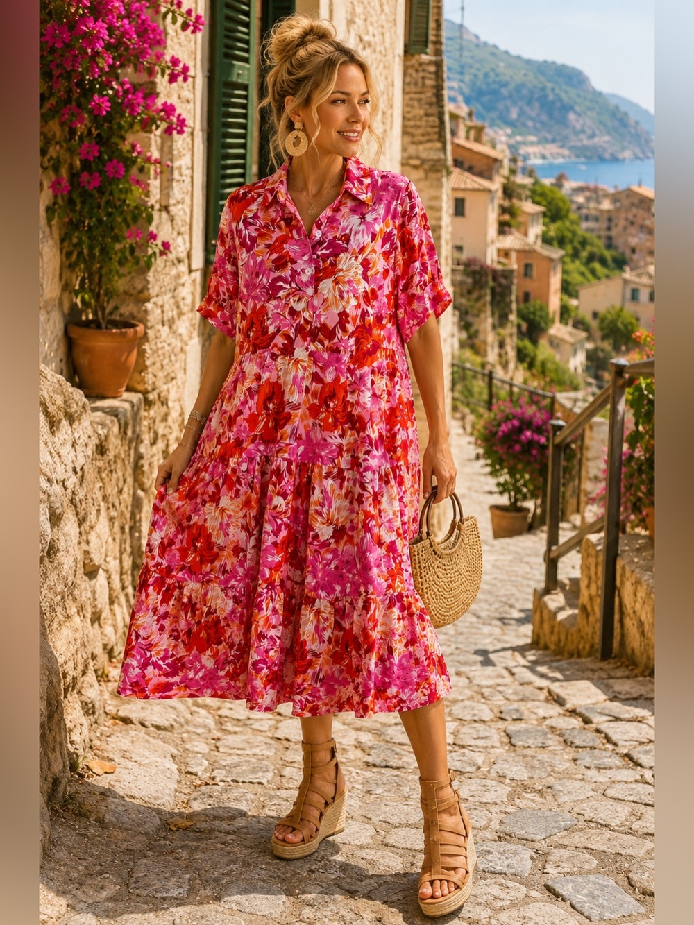 PrettyGarden Floral Midi Dress L  Pink Red Tropical Button Front Resort Vacation